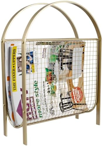 MyGift Mid Century Magazine Rack with Brass Mesh Finish