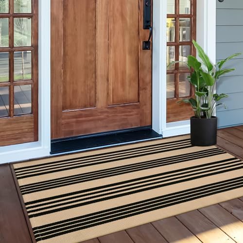 OJIA 24x51 Front Door Mat Black Tan Striped