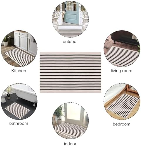 LEEVAN Black and White Striped Outdoor Rug 24x51