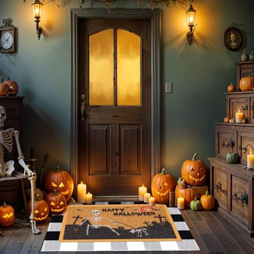 Halloween Skull Door Mat and Buffalo Plaid Rug Set