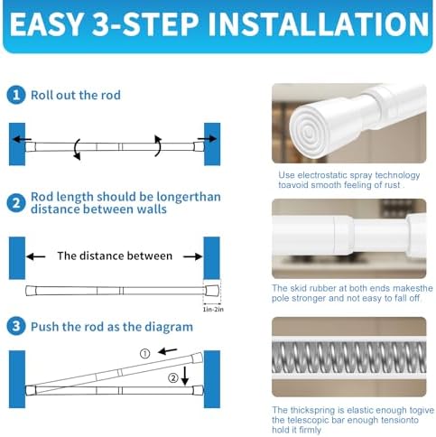 AIZESI Spring Tension Curtain Rod 265-36 Inch Adjustable White Rod No Drilling