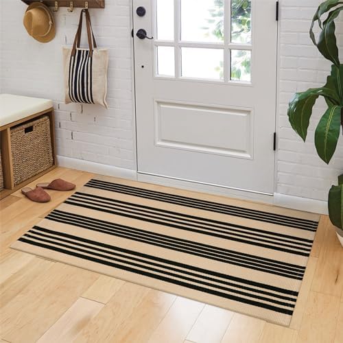 OJIA 24x51 Front Door Mat Black Tan Striped