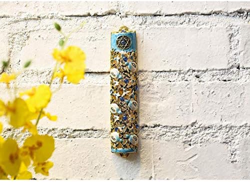 Matashi 35 Inch Hand Painted Mezuzah with Scroll and Blue Crystals