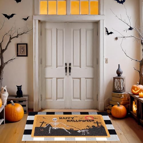 Halloween Skull Door Mat and Buffalo Plaid Rug Set