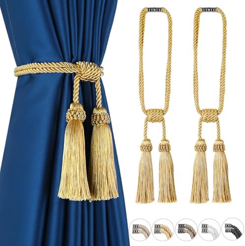 Fenghuangwu Magnetic Curtain Tiebacks 2 Pack Gold Tassel Holdback