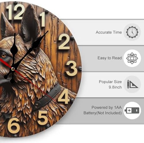 2D Wooden Dog Wall Clock German Shepherd 10 Inch Decor