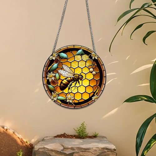 HOTIYOK Retro Yellow Hive Stained Glass Window Decor with Chain