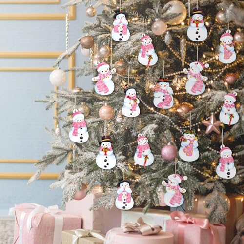 24Pcs Pink Christmas Wood Hanging Ornaments with Hemp Rope