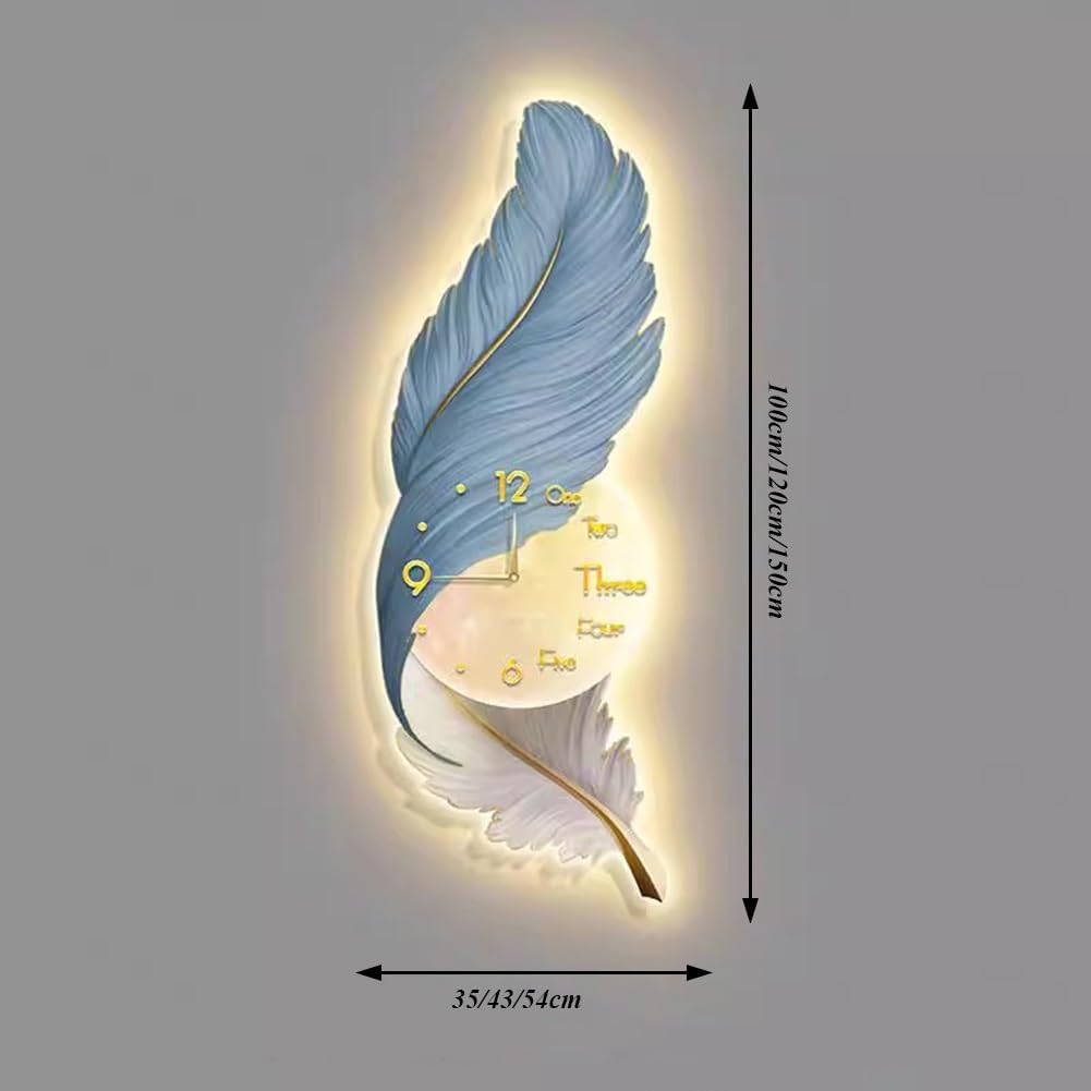 Modern Feather Wall Clock Art Decor Blue 43x120cm