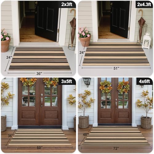 OJIA 24x51 Front Door Mat Black Tan Striped