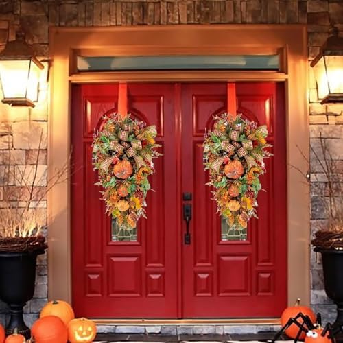Artificial Fall Teardrop Swag Wreath for Front Door