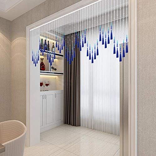 OKUOKA 25 Strands Beaded Door Curtain Blue Tassel Crystal Partition