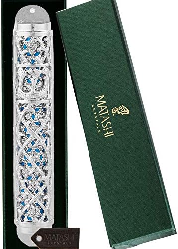 Matashi Hand Painted Enamel Mezuzah with Hebrew Shin and Crystals