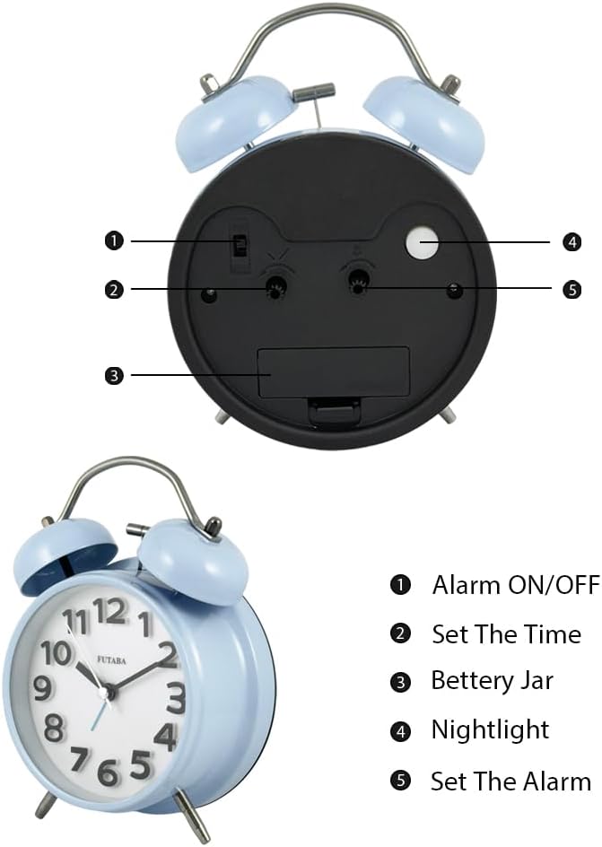Loud Alarm Twin Bell Clock with LED Light and Silent Movement