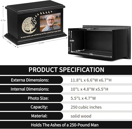 Elegant Wooden Cremation Urn with Photo Frame and Tree of Life Design