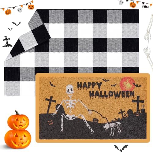 Halloween Skull Door Mat and Buffalo Plaid Rug Set
