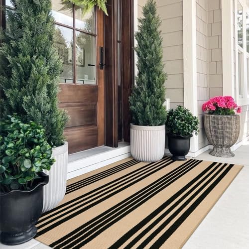 OJIA 24x51 Front Door Mat Black Tan Striped