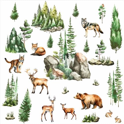 Woodland Animal Window Stickers with Green Pine Tree and Mountain Scenes