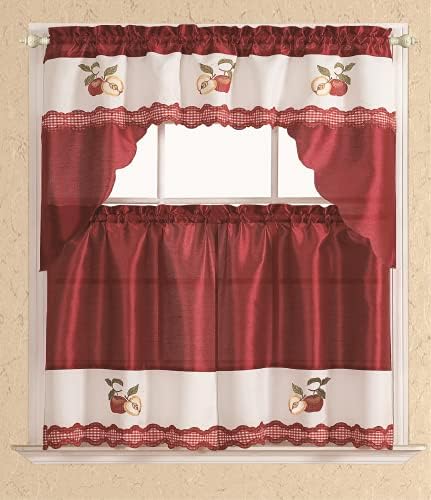 All American Collection Red Apples 3pc Embroidered Curtain Set