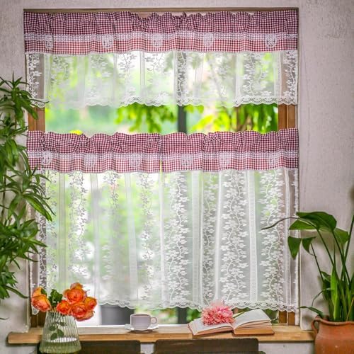 ARTMAGIC Red Plaid Tier Curtain Set with Valance 3pcs