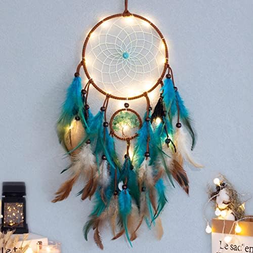 Dream Catcher with Blue Tree of Life and Feathers