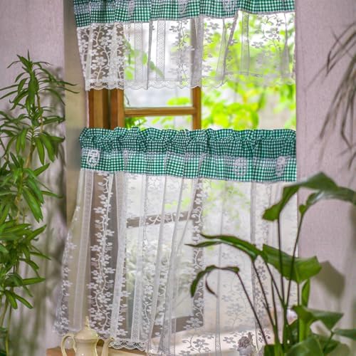 ARTMAGIC Tier Curtain Set 3pcs Sage Green Plaid Valance