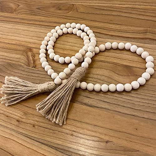 Farmhouse Beads 58 Inch Wood Garland with Tassels Rustic Decor