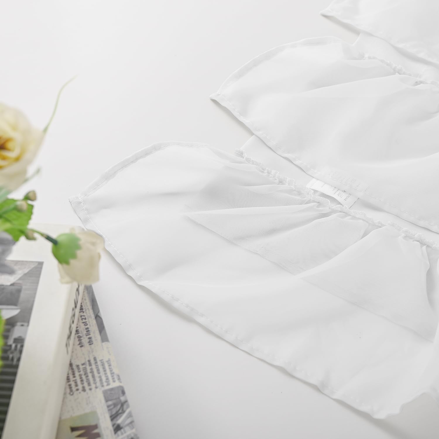 PearAge Ruffled Voile Semi Sheer Curtain Valance 52x26 Inches White-Triangle
