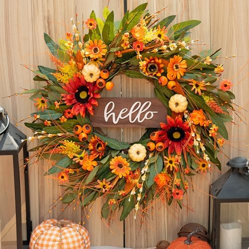 24 Inch Artificial Autumn Wreath with Hello Sign