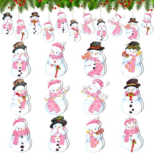 24Pcs Pink Christmas Wood Hanging Ornaments with Hemp Rope