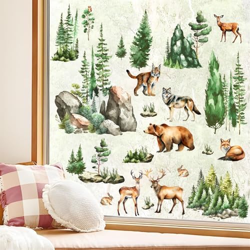 Woodland Animal Window Stickers with Green Pine Tree and Mountain Scenes