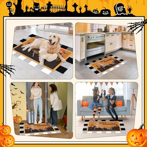 Halloween Skull Door Mat and Buffalo Plaid Rug Set