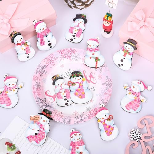 24Pcs Pink Christmas Wood Hanging Ornaments with Hemp Rope
