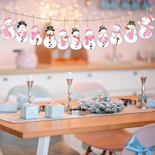 24Pcs Pink Christmas Wood Hanging Ornaments with Hemp Rope