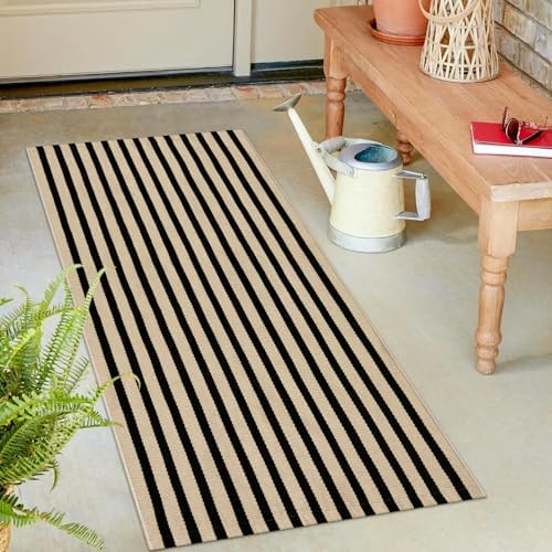 OJIA 24x51 Black and Tan Striped Front Door Rug