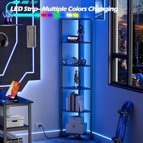 Furnulem 6 Tier Corner Shelf with LED Light Black