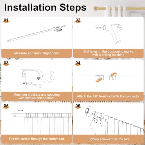 2 Pack Gold Curtain Rods for Windows 48-84 Inch Farmhouse Style