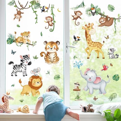 Decalmile Summer Safari Double Sided Jungle Animals Window Clings