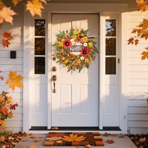 24 Inch Artificial Autumn Wreath with Hello Sign