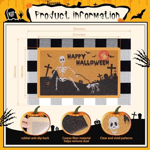 Halloween Skull Door Mat and Buffalo Plaid Rug Set