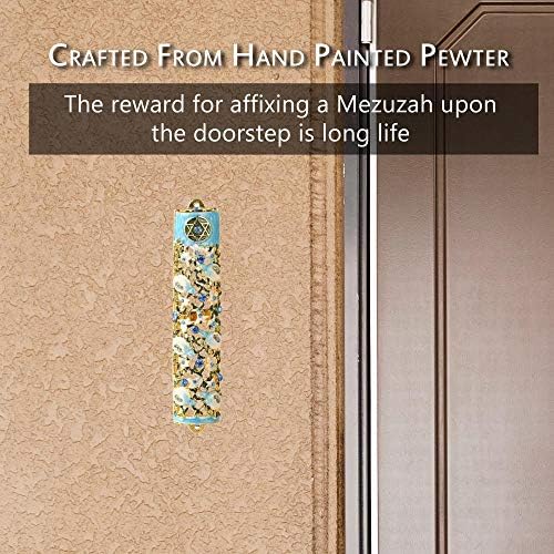 Matashi 35 Inch Hand Painted Mezuzah with Scroll and Blue Crystals