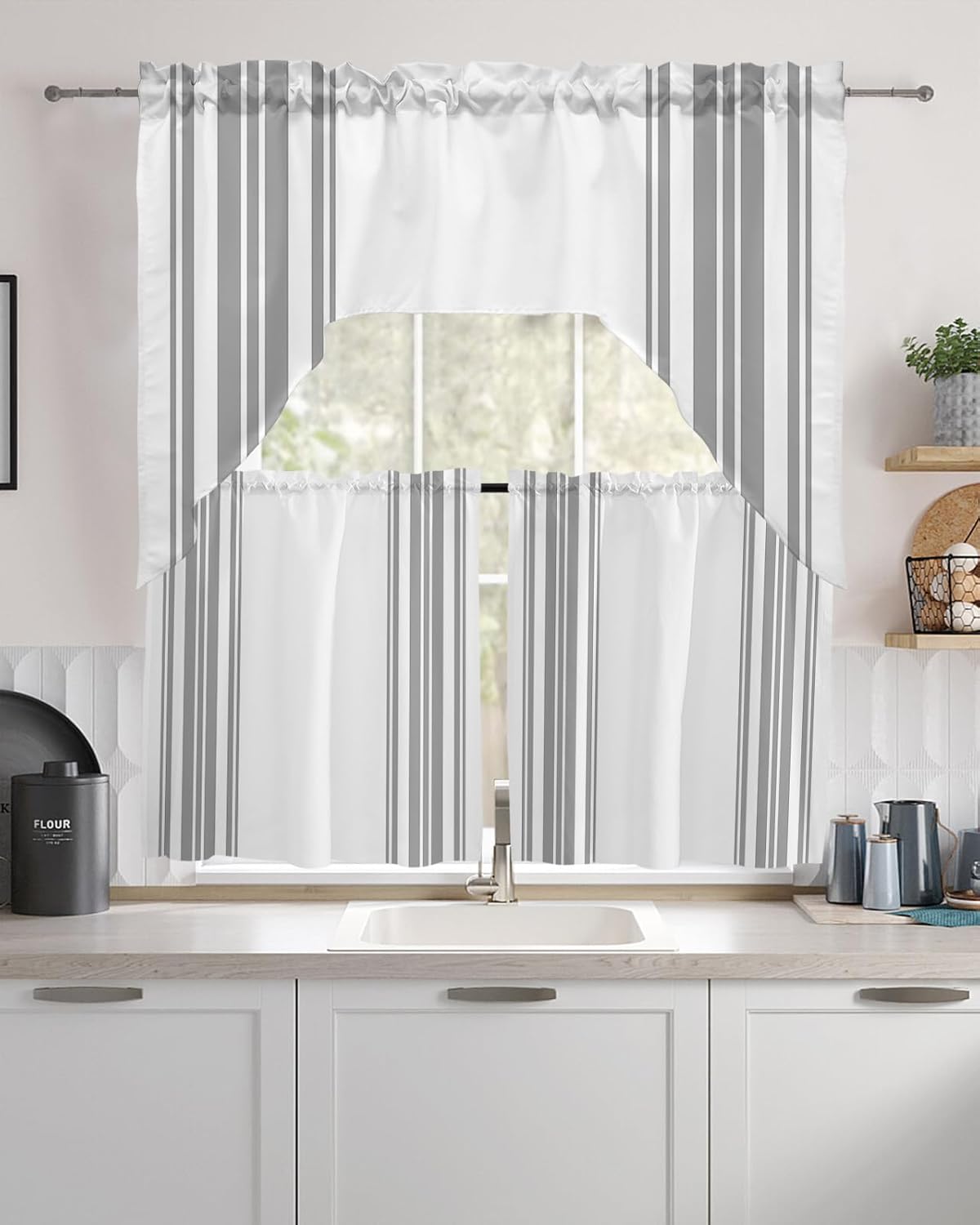 Grey White Stripes Swag Curtains 3 Piece Set for Kitchen Living Room