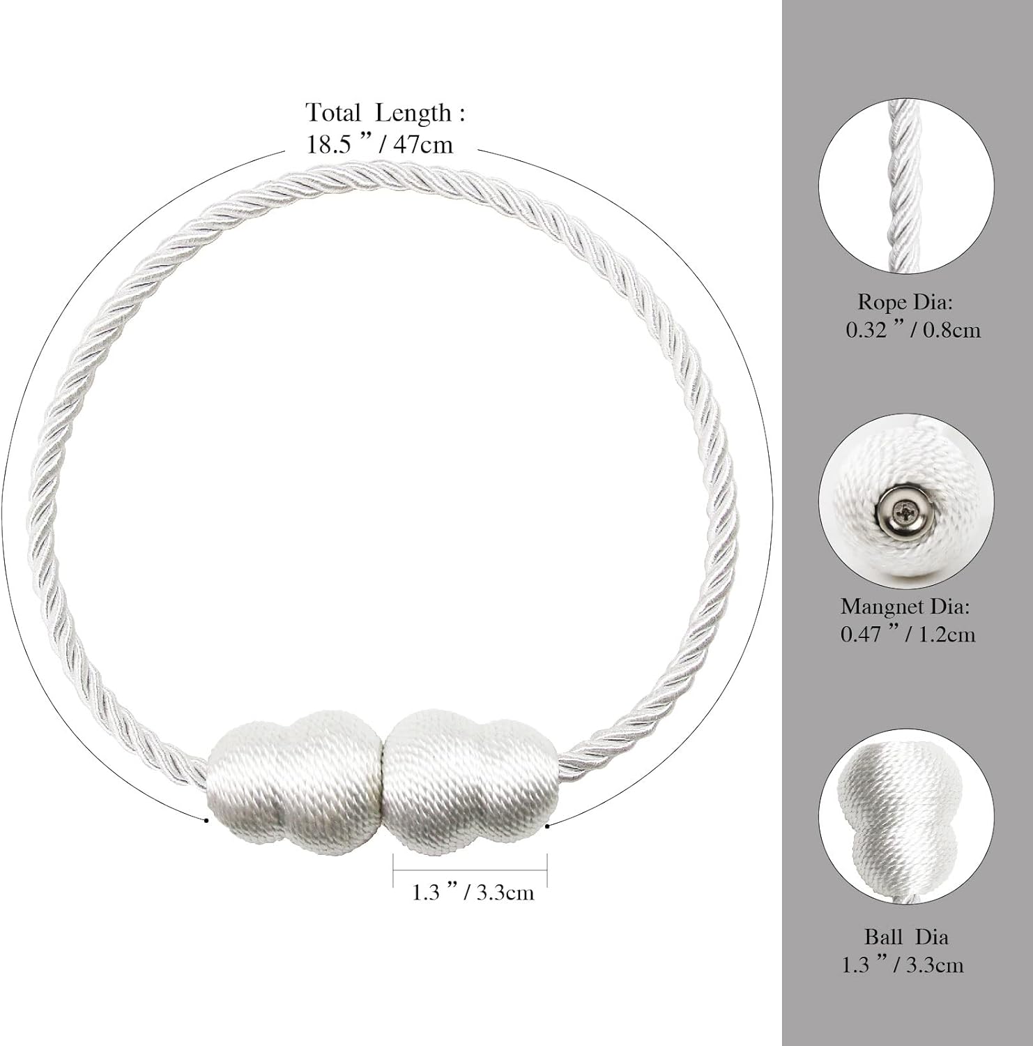 Magnetic Curtain Tiebacks 2 Pack White Rope Holders