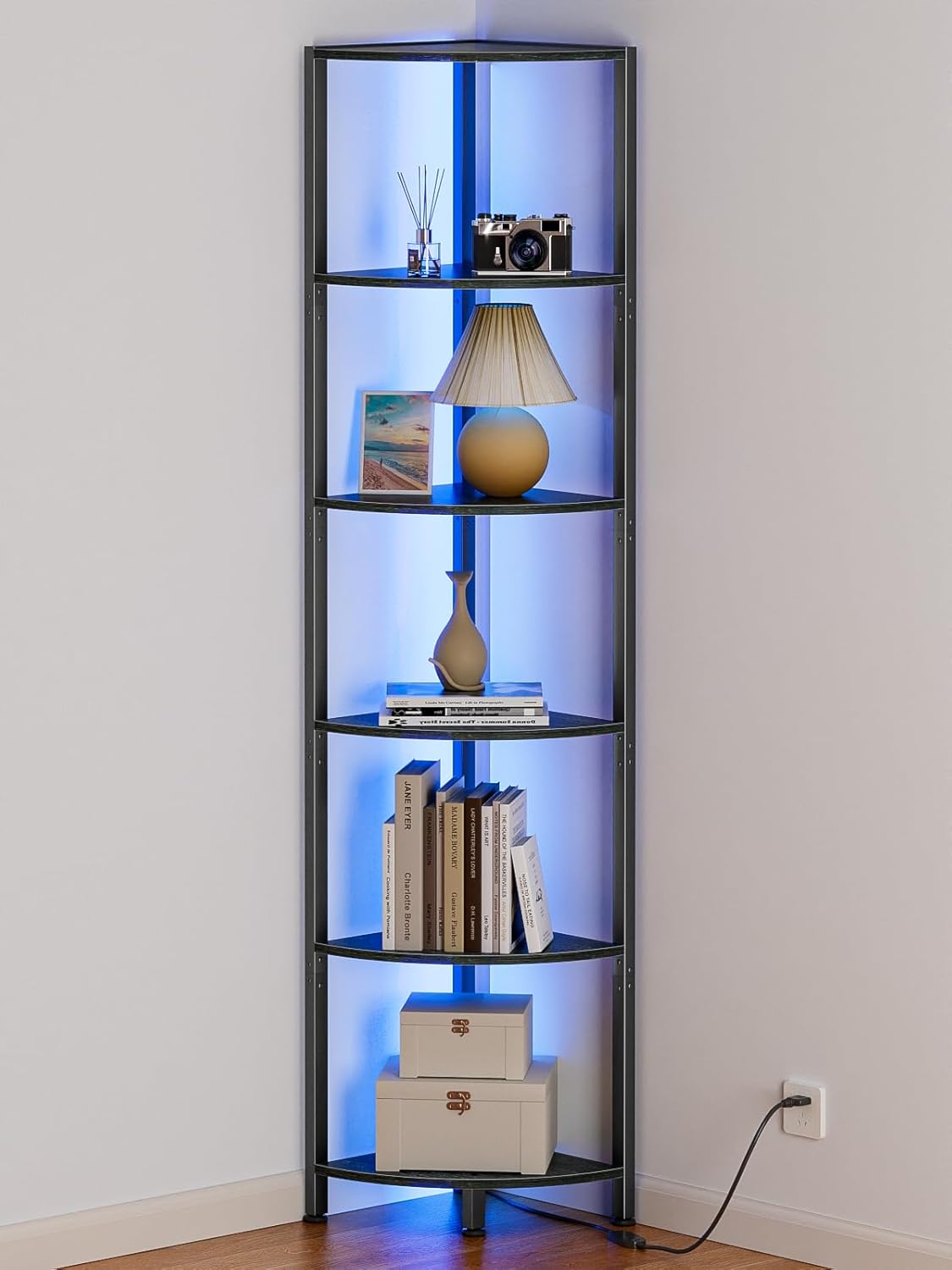 Furnulem 6 Tier Corner Shelf with LED Light Black