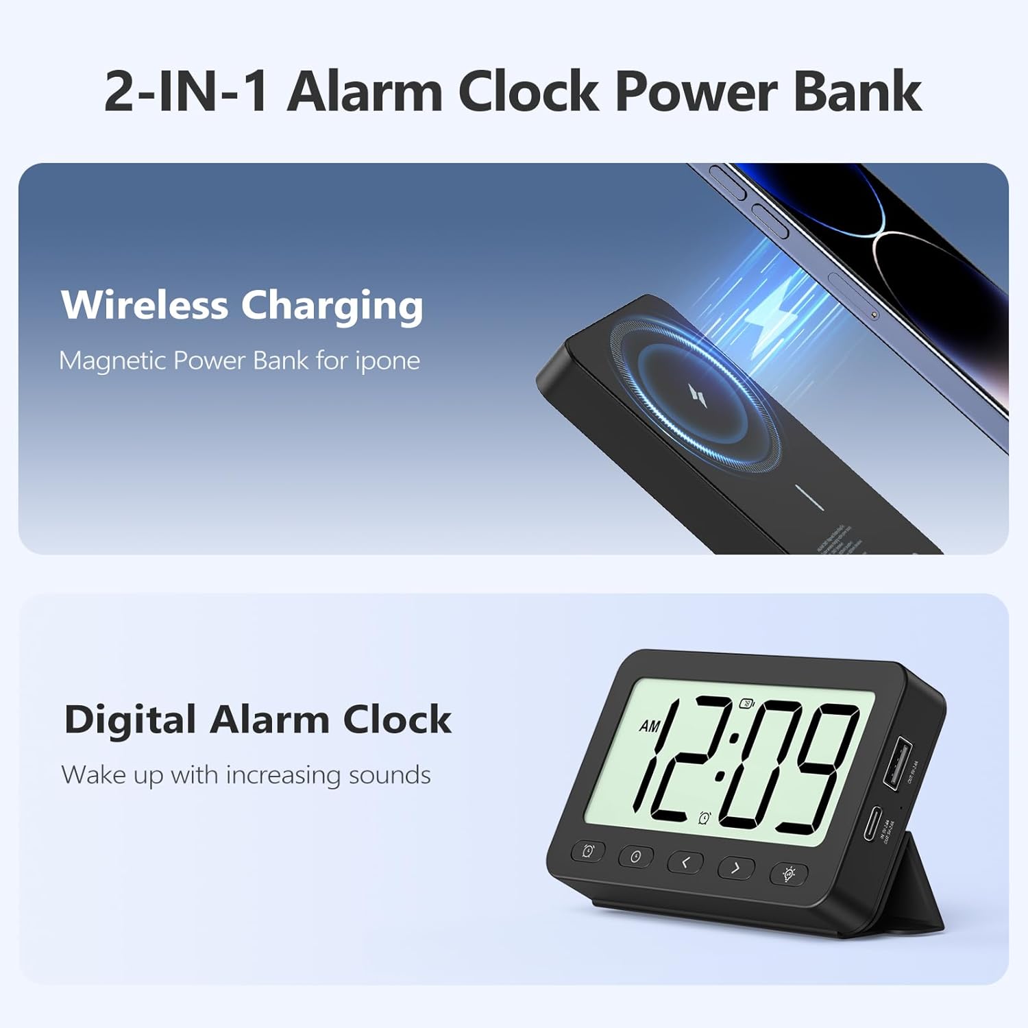ANJANK Foldable LCD Travel Alarm Clock with 6000mAh Power Bank
