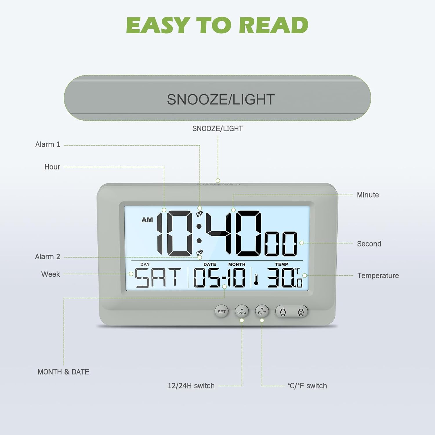 KeeKit Digital Alarm Clock with Dual Alarms and Temperature Display