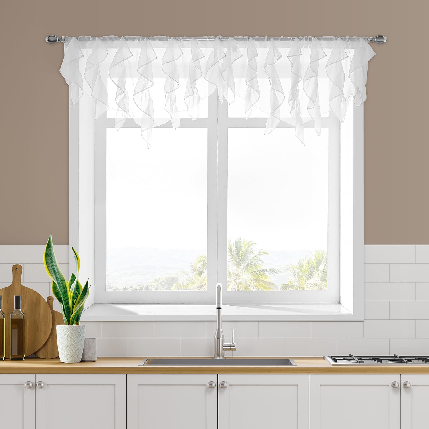 PearAge Ruffled Voile Semi Sheer Curtain Valance 52x26 Inches White-Triangle