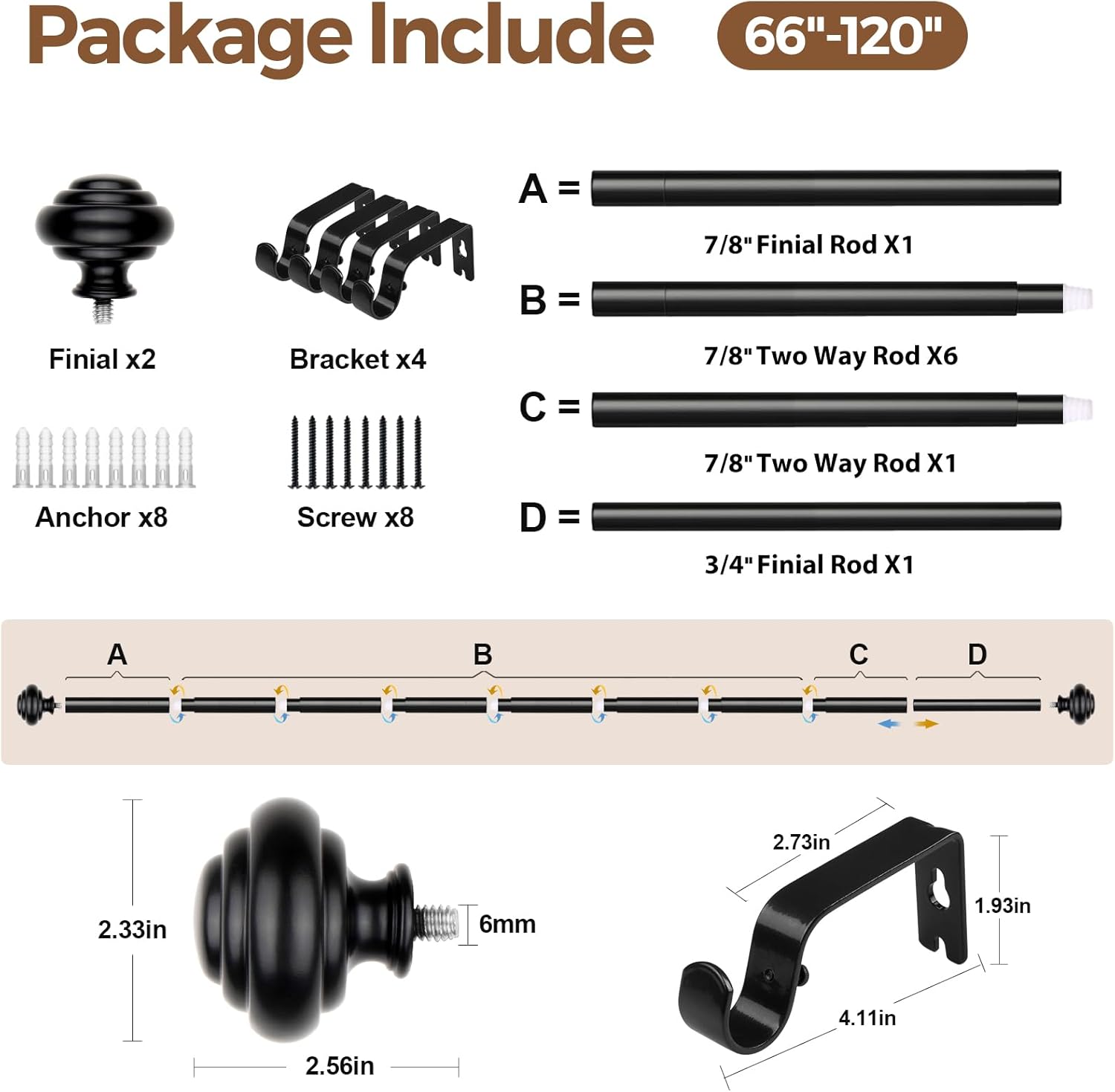 KAMANINA Adjustable Heavy Duty Curtain Rods Black 32-120 Inch Set