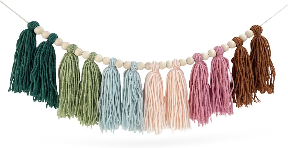 Rainbow Boho Tassel Wall Hanging with Wood Beads