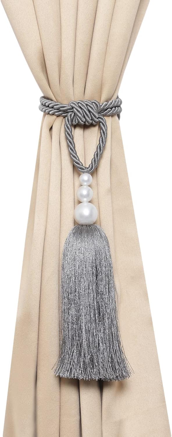 2 Pack Pearl Curtain Tiebacks with Tassels - Gray